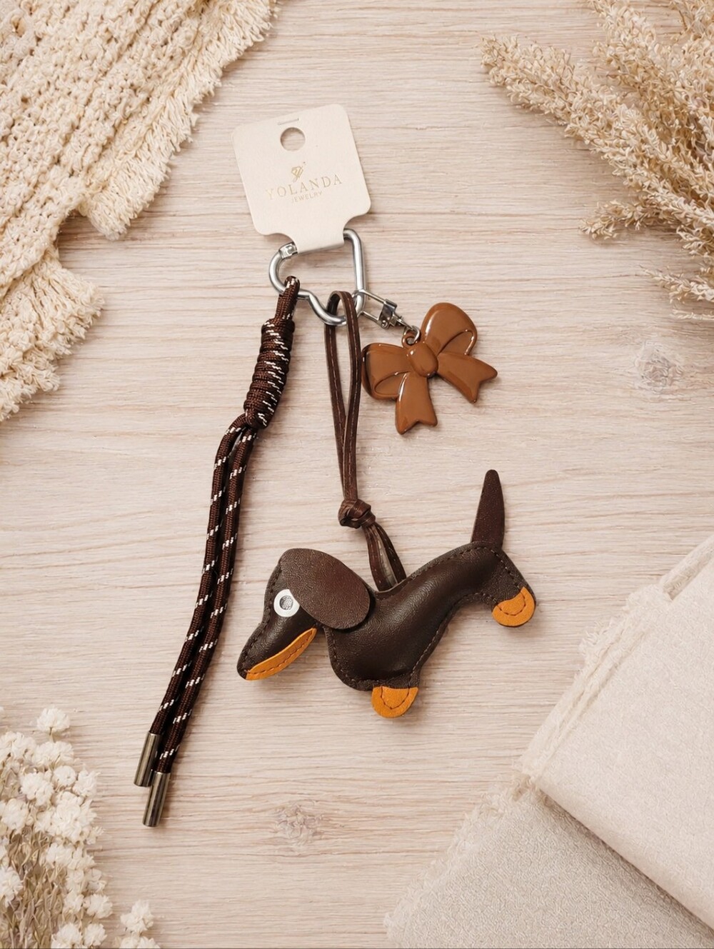 Brown Dachshund PU Leather Keychain Charm